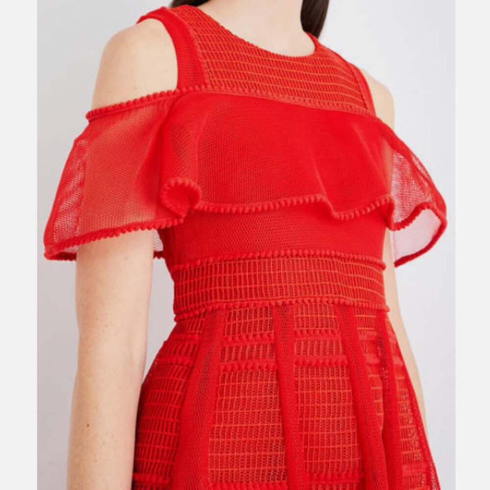 🔥 Maje “Rosalie” Red Mesh Off-Shoulder Lace Ruffle Dress | As Seen on RHONY M/L